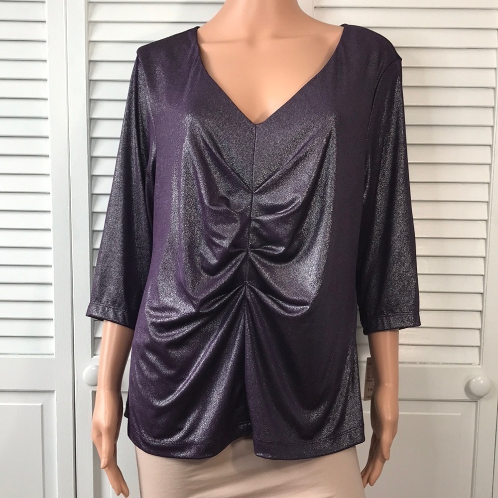DRESSBARN Collection Purple Metallic Short Sleeve V-Neck Shirt Size 14/16